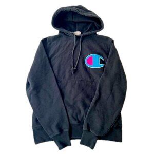 Champion Reverse Weave Black Large Logo Hoodie, Mens Small